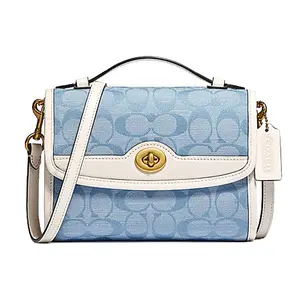 COACH Kip 18 Jacquard Flap Bag with Leather Trim, Crossbody Messenger for Women in Blue Monogram