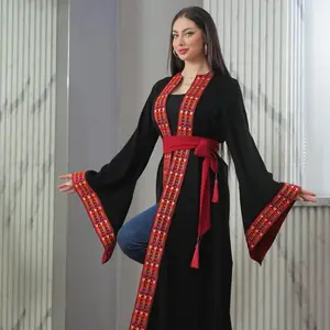 Bisht abaya black with embroidery  in middle  (2 p satin belt with abaya ) Arab Women Maxi