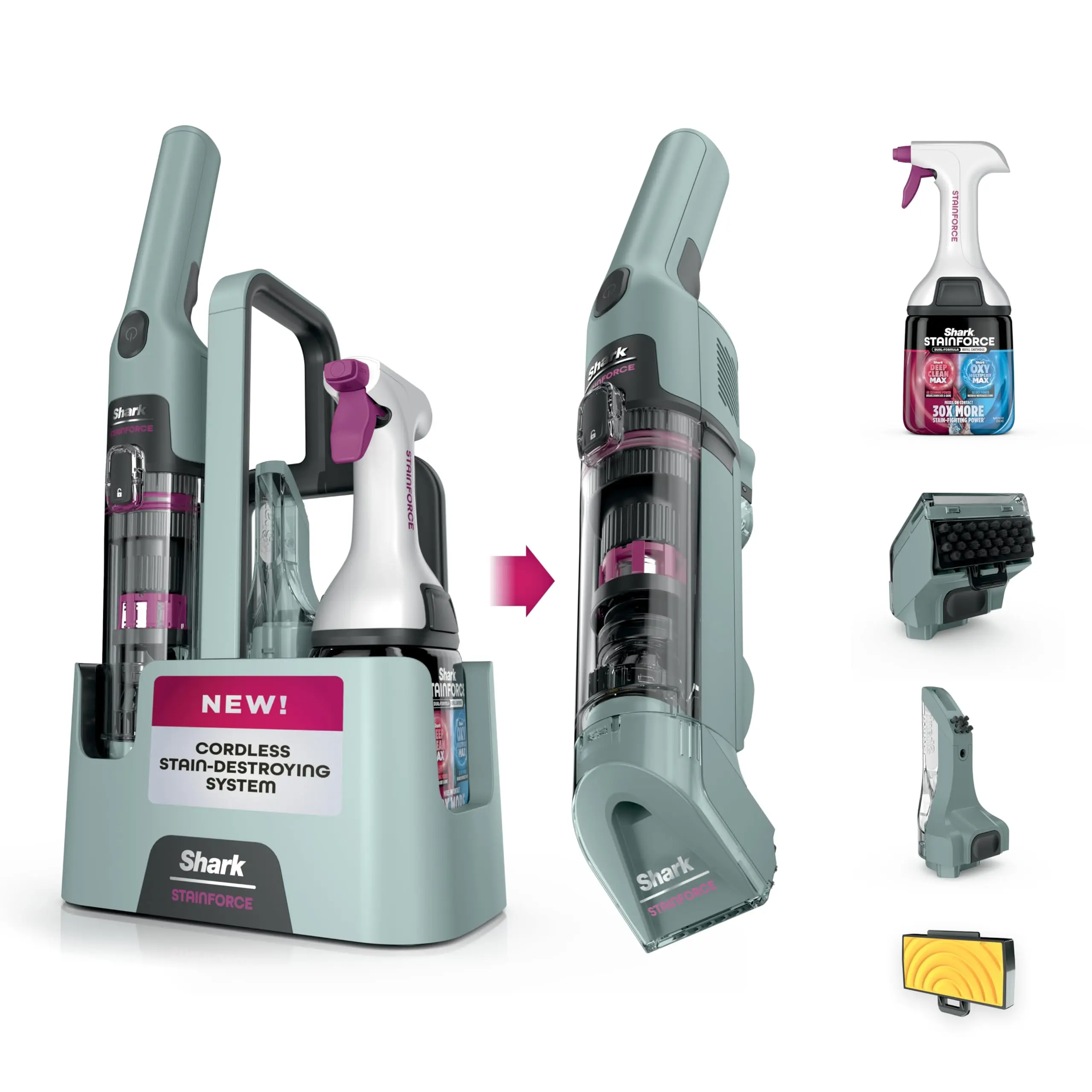 Shark StainForce Cordless Portable Spot, Stain, & Odor Remover System for Carpets, Area Rugs, Upholstery, Stairs, with Storage Caddy and Full-Size Cleaning Solution, HX101 (Renewed)