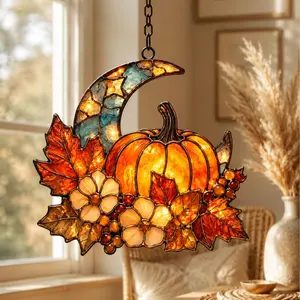 Autumn Pumpkin Crescent Moon Suncatcher, Acrylic Window Hanging with Fall Floral Leaves and Daisies, Seasonal Decor, Autumn Pumpkin Gift
