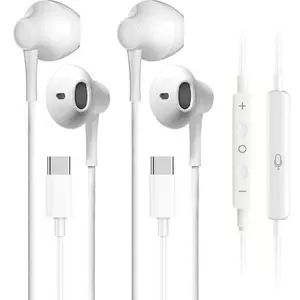 2 Pack TYPE-C In-Ear Earphone USB C Headphone for iPhone 16/15 Pro Max Samsung S24 Ultra A55 Galaxy S23 FE HiFi Stereo with Microphone & Remote Button Compatible iOS