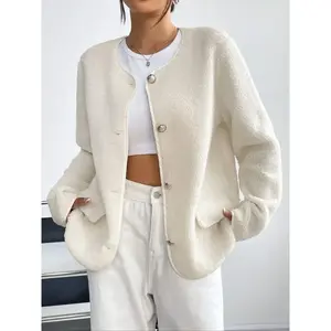 Women’s Solid Fuzzy Jacket with Front Buttons, Casual Long-Sleeve Crewneck Outerwear for Autumn and Winter, Everyday Wear