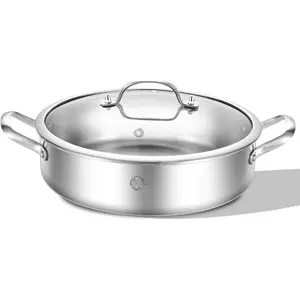 5 QT Tri-Ply Stainless Steel Sauté Pan with Lid,12 Inch Deep Frying pan,Large Skillet,Jumbo Cooker,Induction Pot,Dishwasher and Oven Safe.