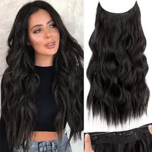 Invisible Wire Hair Extensions with Transparent Wire Adjustable Size 4 Secure Clips Long Wavy Secret Synthetic Hairpiece 20 Inch 120g Rich Dark Brown with Warm Tones for Women