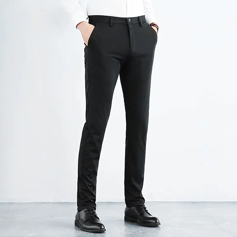 Men’s regular-fit dress pants — lightweight and comfortable; casual business style with a flat waistband; wrinkle-resistant, stretchy men’s trousers.