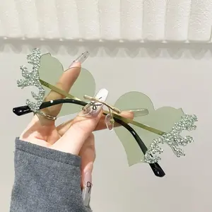 Women's Rimless Heart Shape Sunglasses with Rhinestone Accent Cute Punk Party Eyewear UV Protection Lightweight Fashion Shades