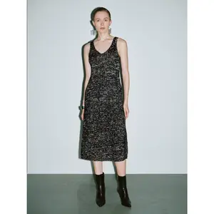 URBAN REVIVO Women's Elegant Chic 2026 Spring Knitted Sleeveless U-Neck Skinny Midi Dress - Cotton-Polyester Blend Fabric, Casual Wear, UWG940256