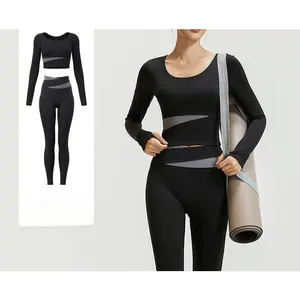 Color Block Long Sleeve Yoga Suit Set Bare Sensation Tight Slimming Sports Running Fitness Set for Women