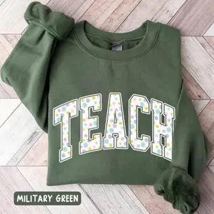 HappyShift - Easter Teacher Gildan Sweatshirt, Pastel Floral Teach Pullover, Spring Teacher Sweater, Elementary Teacher Easter Day Outfit, Cute Holiday Gift