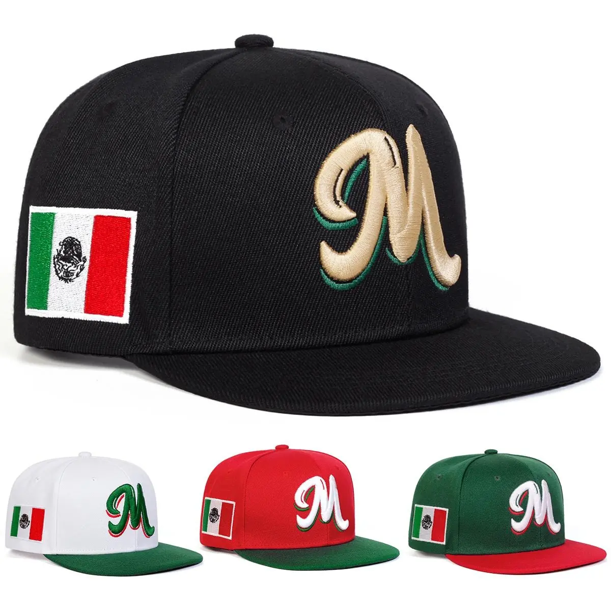 Premium Mexican Flag Snapback Hat | Cream and Black Streetwear Cap with Embroidered Letter M, Sports Outdoor Hats Embroidered Hat High Quality Hat