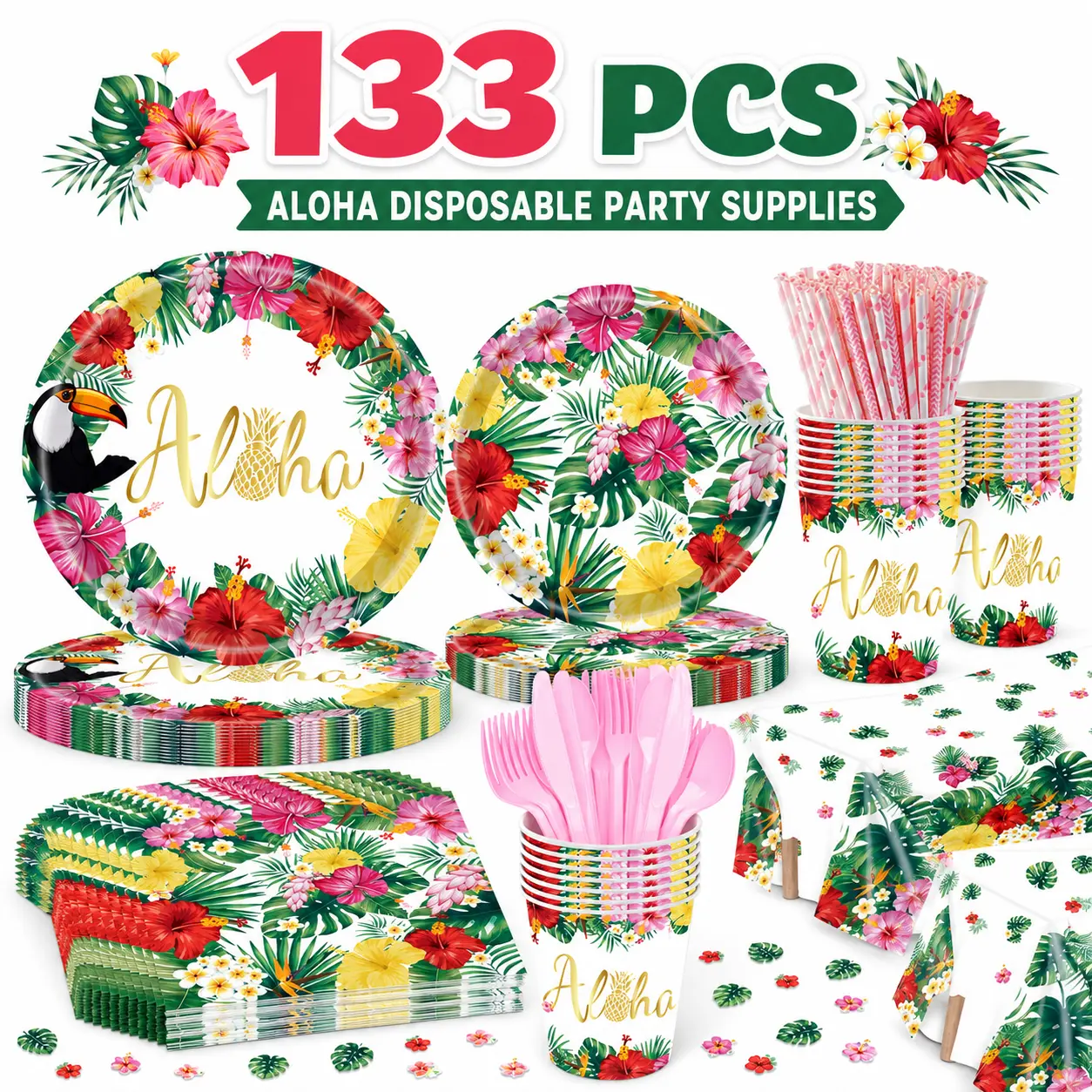 133PCS Hawaiian Luau Party Supplies Set, Tropical Aloha Disposable Tableware with Paper Plates, Cups, Napkins, Straws, Pink Cutlery, Tablecloth & Confetti for Summer Birthday, Beach Party, BBQ & Baby Shower