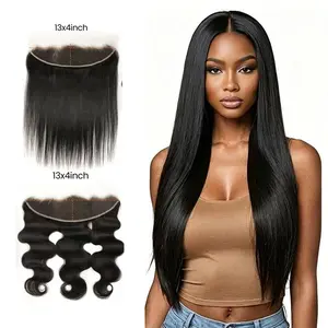 Estrella Hair【Live Only】13x4 Ultra Transparent Lace Frontal Hair Extension Unprocessed Human Hair Natural Straight/ Body Wave Pre Plucked Natural Hairline Free Part 100% Indian Virgin Human 150% Density Natural Black（10~16 inch）