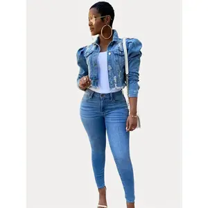 Women Ripped Long Puff Sleeve Button Down Outdoor Activities High Quality Jean Coats For Women S-XXL Women's Oversized Women's Elegant Jacket Outerwear jackets  for Casual Basic