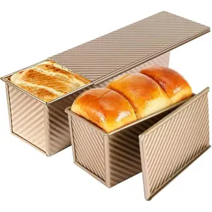 Loaf Pan with Lid - 2 Pack 2.2LB & 1LB Aluminized Nonstick Bread Pans for Homemade Sandwich, Toast & Sourdough Bread, 13x5 & 8x4 Corrugated Bread Loaf Pan with Cover, Golden
