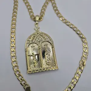 Cuban Link Style Necklace with Christ and Virgin Mary Big Pendant
