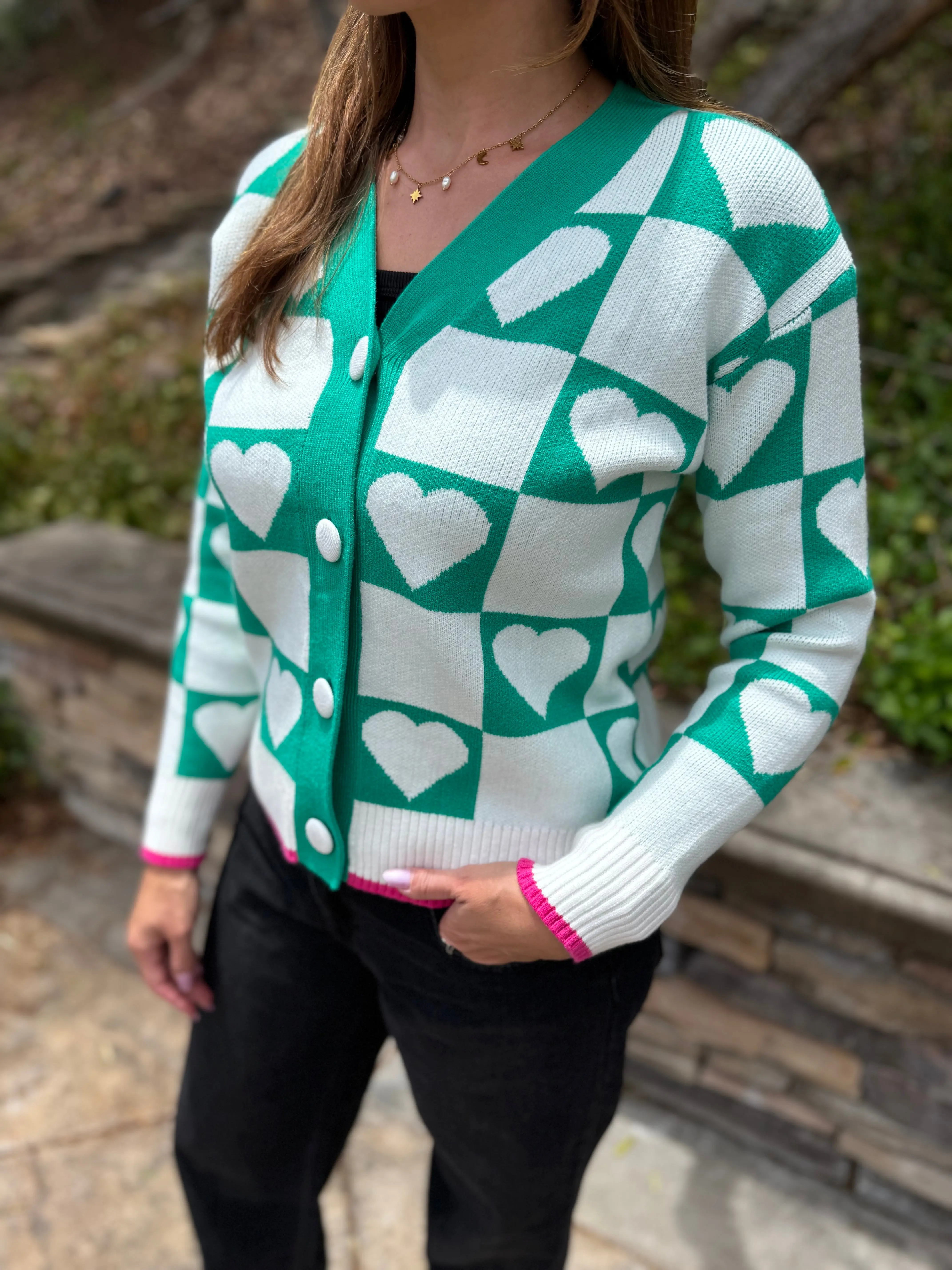 Kelly Green Checkered Heart Button Down Sweater