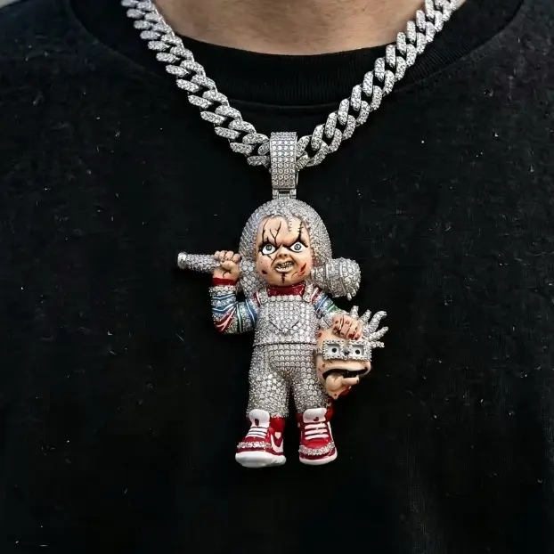 14K GOLD PLATED ICED OUT PENDANT -  CHUCKY DOLL PENDANT SCARY MOVIE CHUCKY DOLL ICED OUT PENDANT - FREE 4MM ROPE CHAIN INCLUDED - HIP HOP JEWELRY - HIGH QUALITY & HAND SET CZ DIAMONDS HEAVYWEIGHT PENDANT FOR CUBAN LINK CHAIN