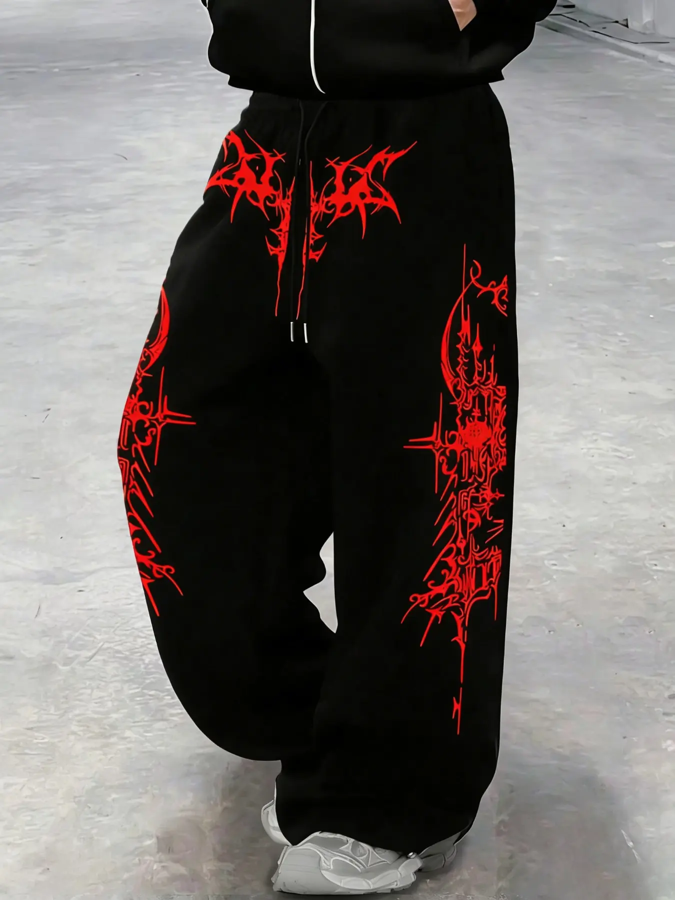 Unisex Cyber Tribal Abstract Thorn Wide Leg Sweatpants, Gothic Print Drawstring Waist, Soft Fabric, Y2K Street Style