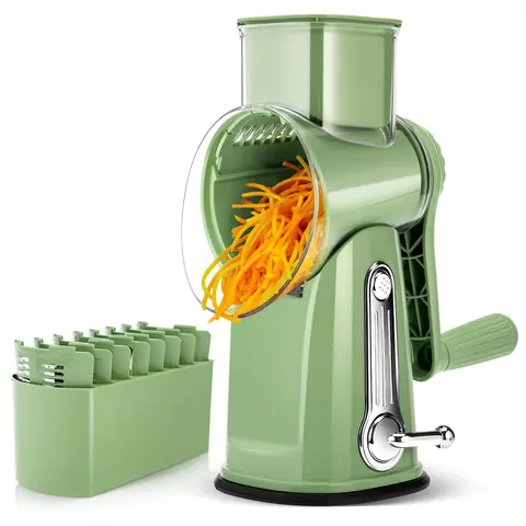 SUSTEAS Retro Green Hand Crank Rotary Cheese Shredder - Kitchen Utensil with 5 Durable Stainless Steel Interchangeable Finger-Safe Blades, Stable Suction Base, Compact Fast Prep Mandoline Slicer, Vegetable Cutter for Home Cooking, Gift Giving