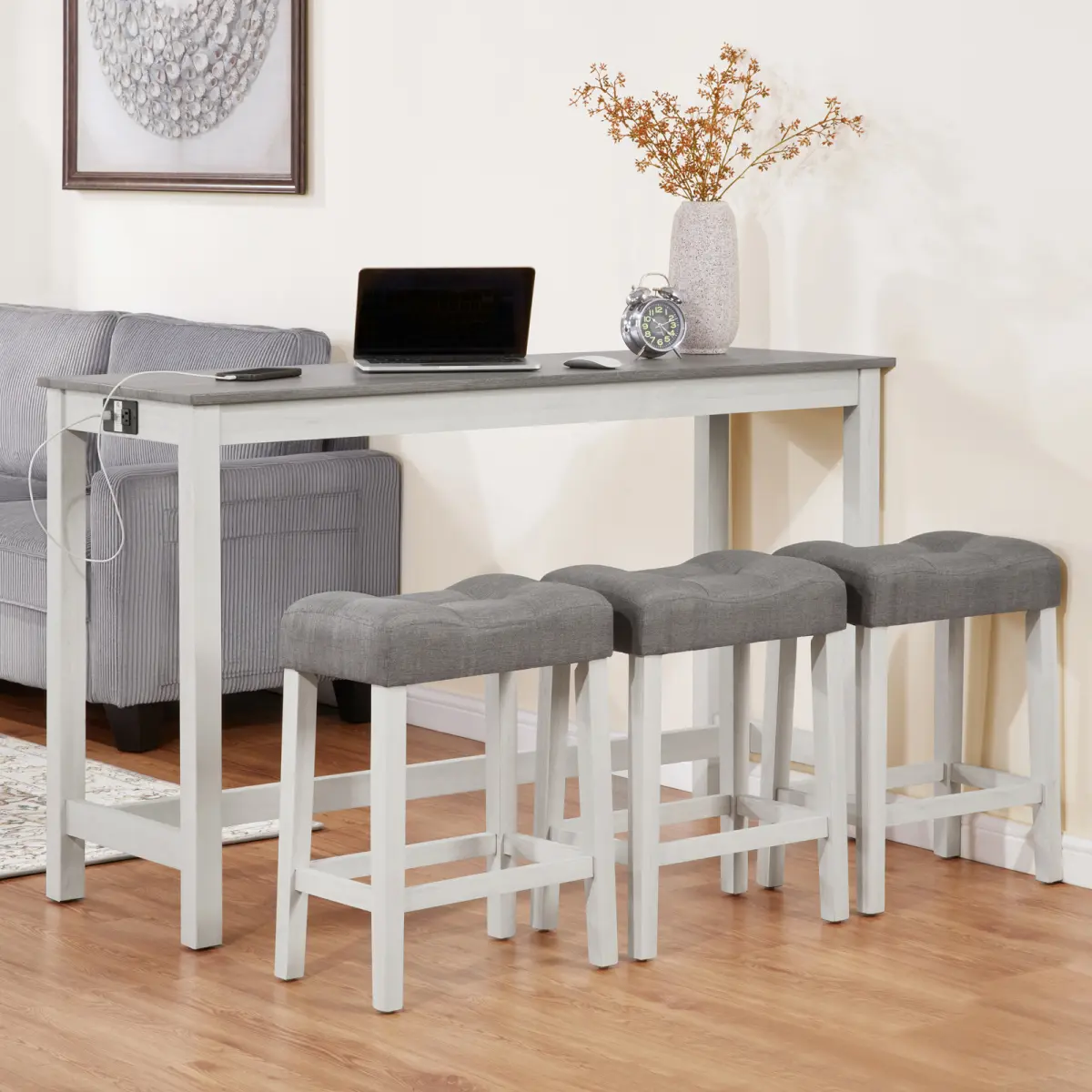 Grey+White + Bar Table Set with 3 Chairs