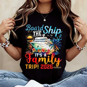 Board Ship The Family Trip 2026 Cruise Ship Palm Tree Sun Beach Design Tshirt White Crew Neck Short Sleeve Casual Summer Vacation Travel Wear