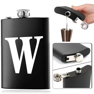 8oz Stainless Steel Hip Flask, 1 Count Letter Pattern Flask with Lid, Leakproof Whiskey Vodka Alcohol Container, Drinking Gear for Home & Outdoor, Stainless Steel Bottle