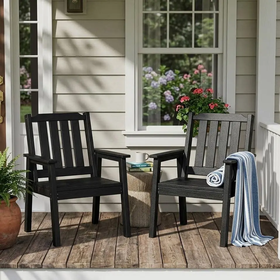 Gaomon 2-Piece Sturdy Rugged HDPE Plastic Outdoor Dining Chairs Set, 650lbs-Support Durable Weather-Resistant Frame, Wide Comfortable Seats, Waterproof, Easy Installation & Maintenance, Patio Decor for Gardens, Black