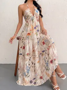 Women's Summer Floral Print Backless Bow Tie Dress, Boho Style Casual Dress, Beach Vacation Wear, Party Dress, A-Line Skirt, Bohemian