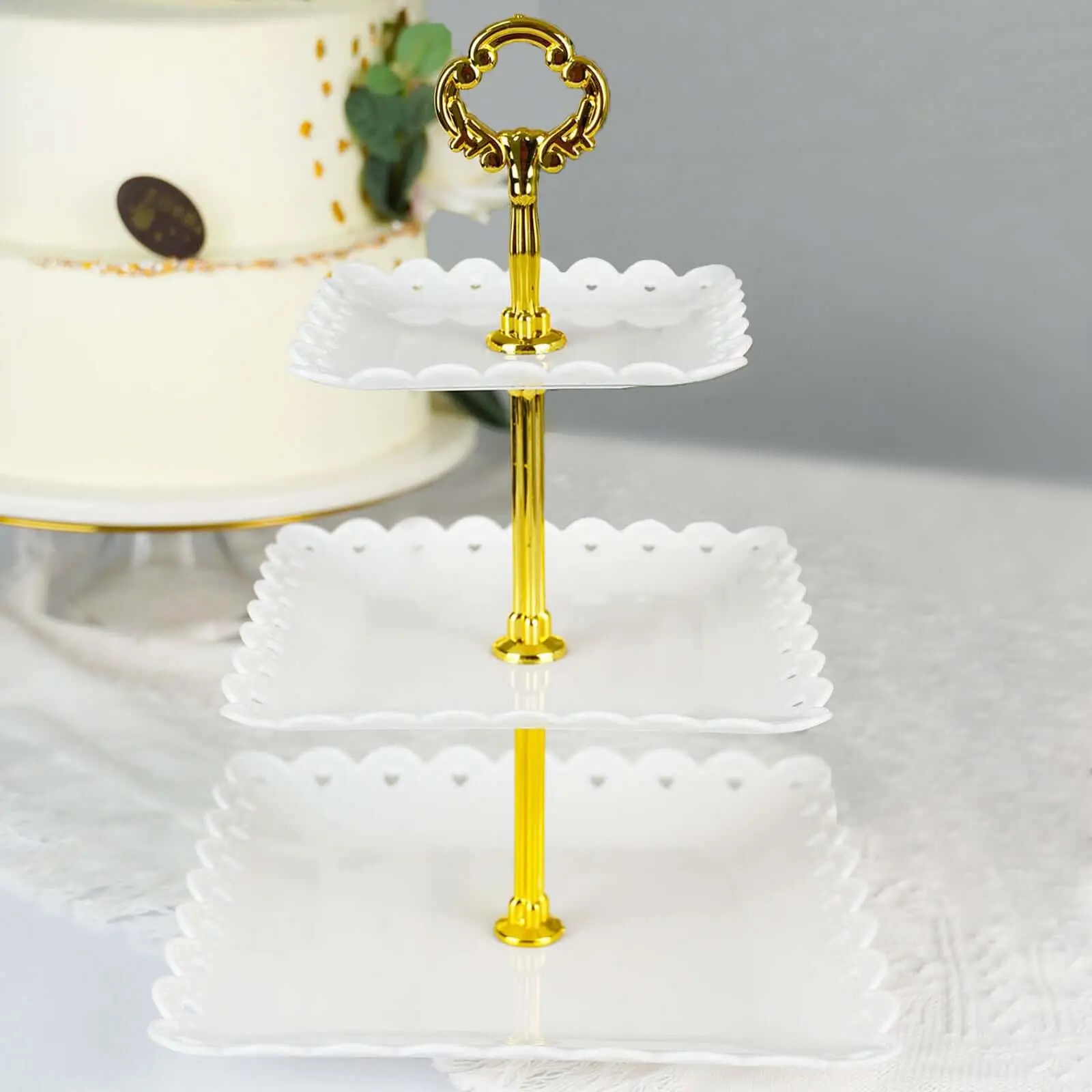 13-Inch 3-Tier Plastic Square Cupcake Stand Set - White Heart Edges, Gold Top Handle, for Christmas, Baby Shower, Birthday, Home & Festive Party Dessert Display Serving Tray