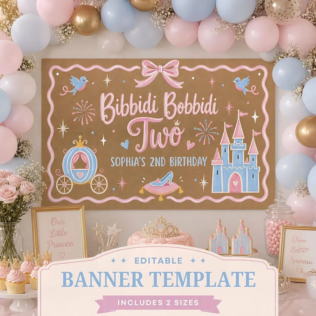 Bibbidi Bobbidi Two Banner , Princess 2nd Birthday Banner, Fairytale Birthday Sign, Pink Blue Birthday Party Decor