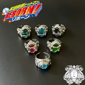 Katekyo Hitman Reborn Vongola Family Adjustable Ring Set 7Pcs Anime Cosplay Jewelry Vongola Guardian Sky Rings Chain Armor Open Finger Rings Vintage Silver Cos Props Collectible Gift for Fans