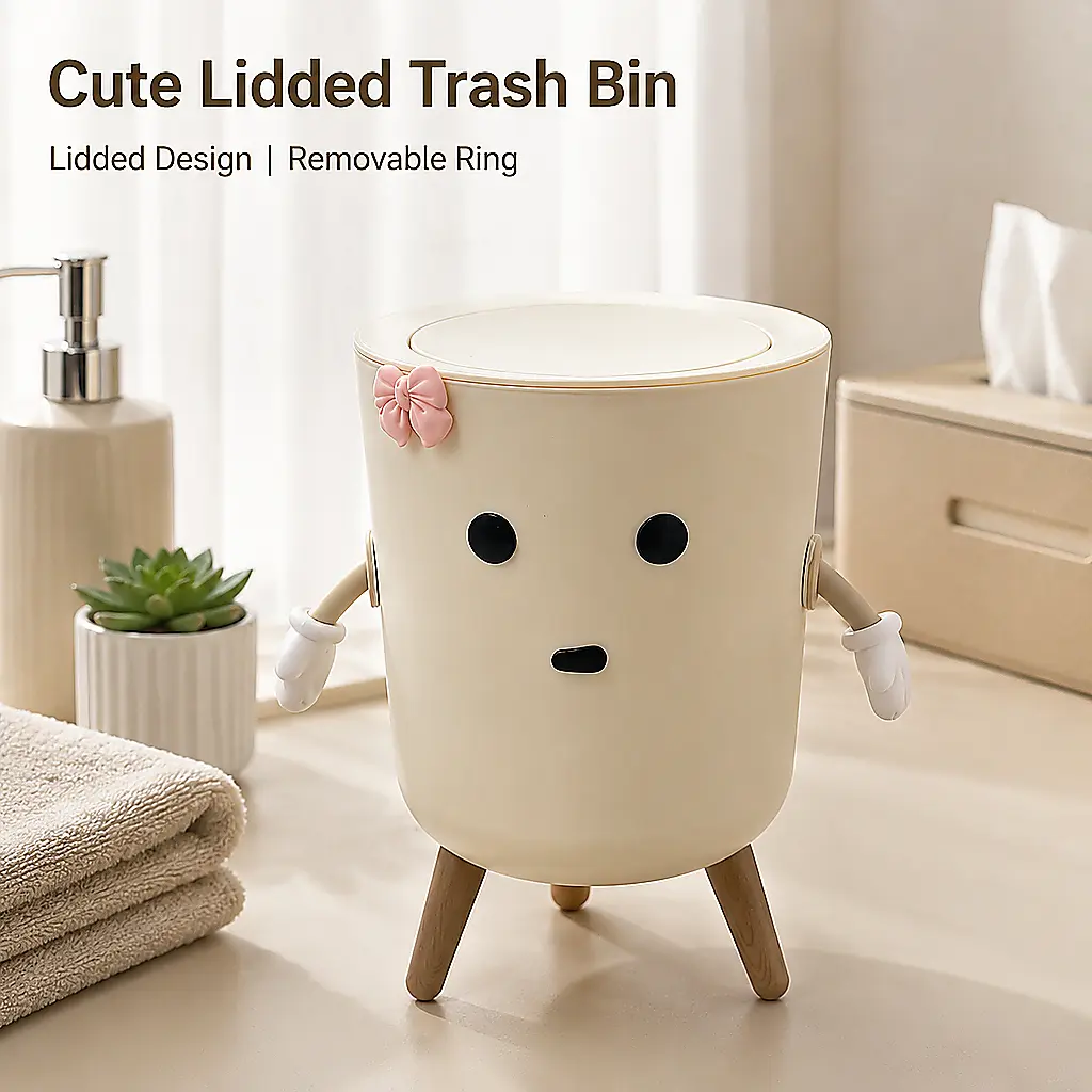 Cute cartoon press-top trash can with a wooden tripod stand; lidded odor-control trash can equipped with a fixed inner liner ring; cute decorative trash can suitable for bedrooms, bathrooms, dorms, and small apartments.