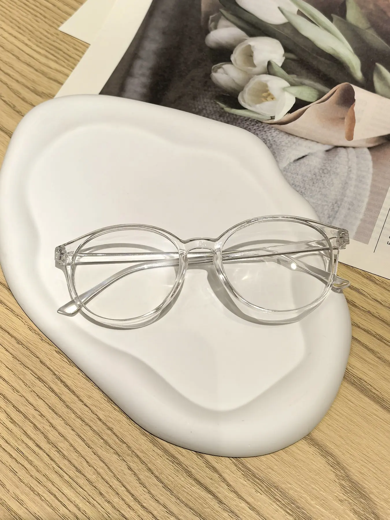 Women's Round Frame Glasses, Thin Korean Style Lightweight Eyewear, Large Frame Slimming Plain Glasses, Oval Face Friendly Concealing Elegant, Round Frame Eyeglasses