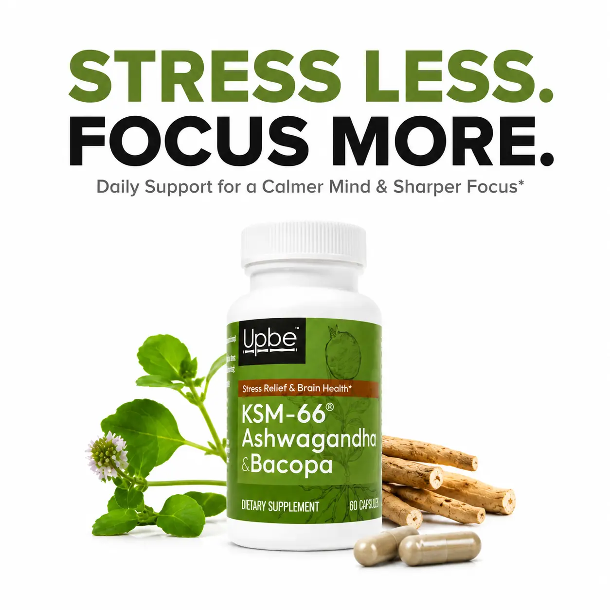 UPBE KSM-66 Ashwagandha 3-in-1 Cortisol Manager - Formula with Bacopa & Milk Thistle for Stress Relief, Mood, Sleep, Brain Focus & Liver Detox (60 Vegan Capsules)