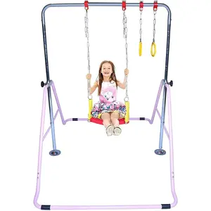 Kids Home Gymnastics Bar Jungle Gym 3 in 1 Set Deluxe Swing Seat, Trapeze Rings Athletic Bar