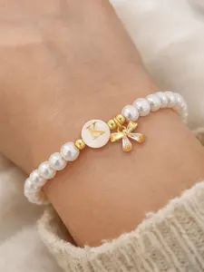 Women's Fashion Classic Round Letter Bow Bracelet, Artificial Pearl Beaded Chain, Casual All-Season Accessory, No Choking Hazard