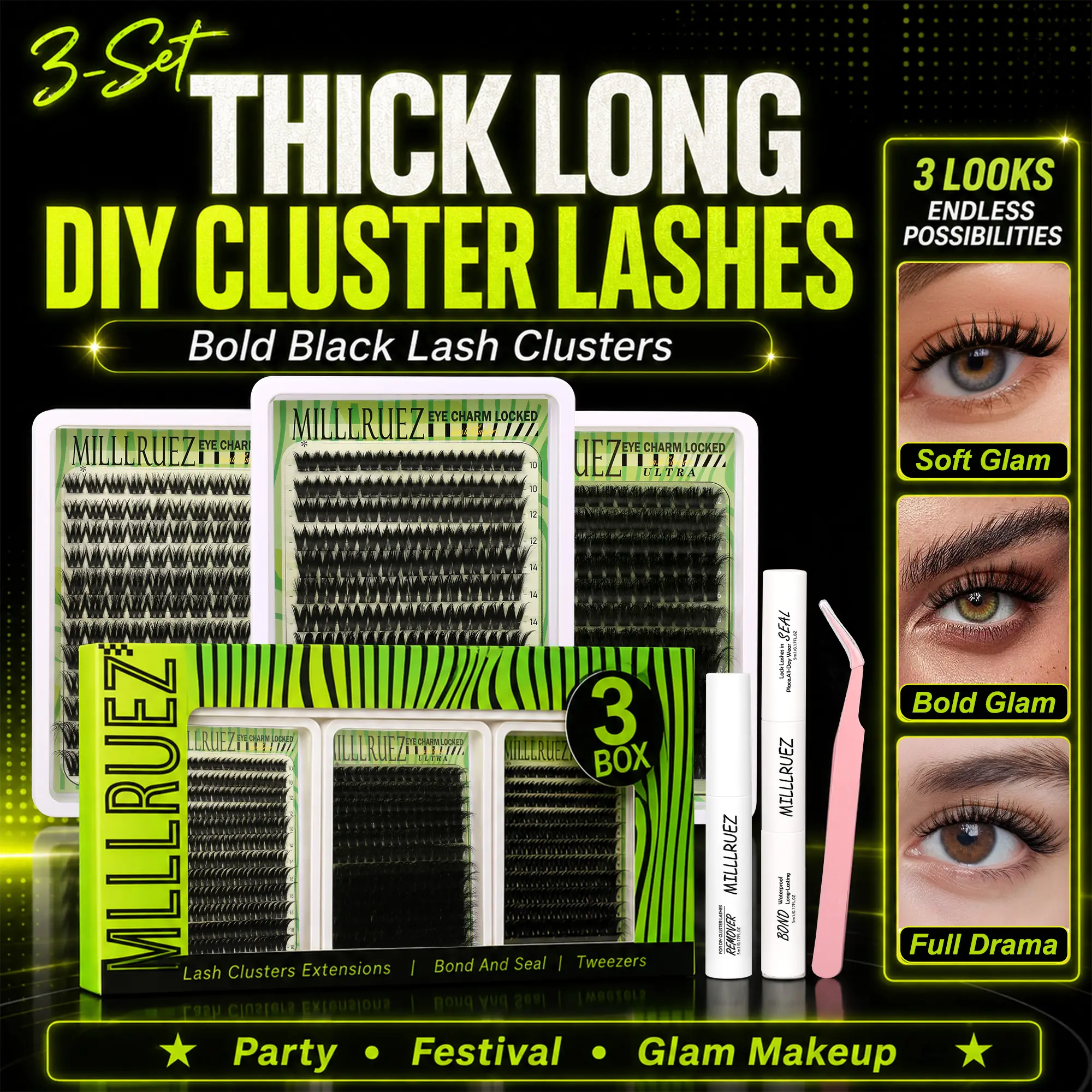 3-Style  Eyelashes Kit, Multi-Style Natural to Glam Lashes for Daily Makeup, Date Night & Parties Everyday, Wispy and Glam Lash Looks for Makeup LoversTravel, Dates and Holiday Looks
