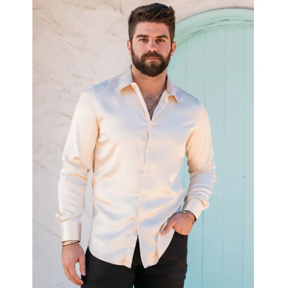 Platini Men's Satin Cream Dress Shirt
