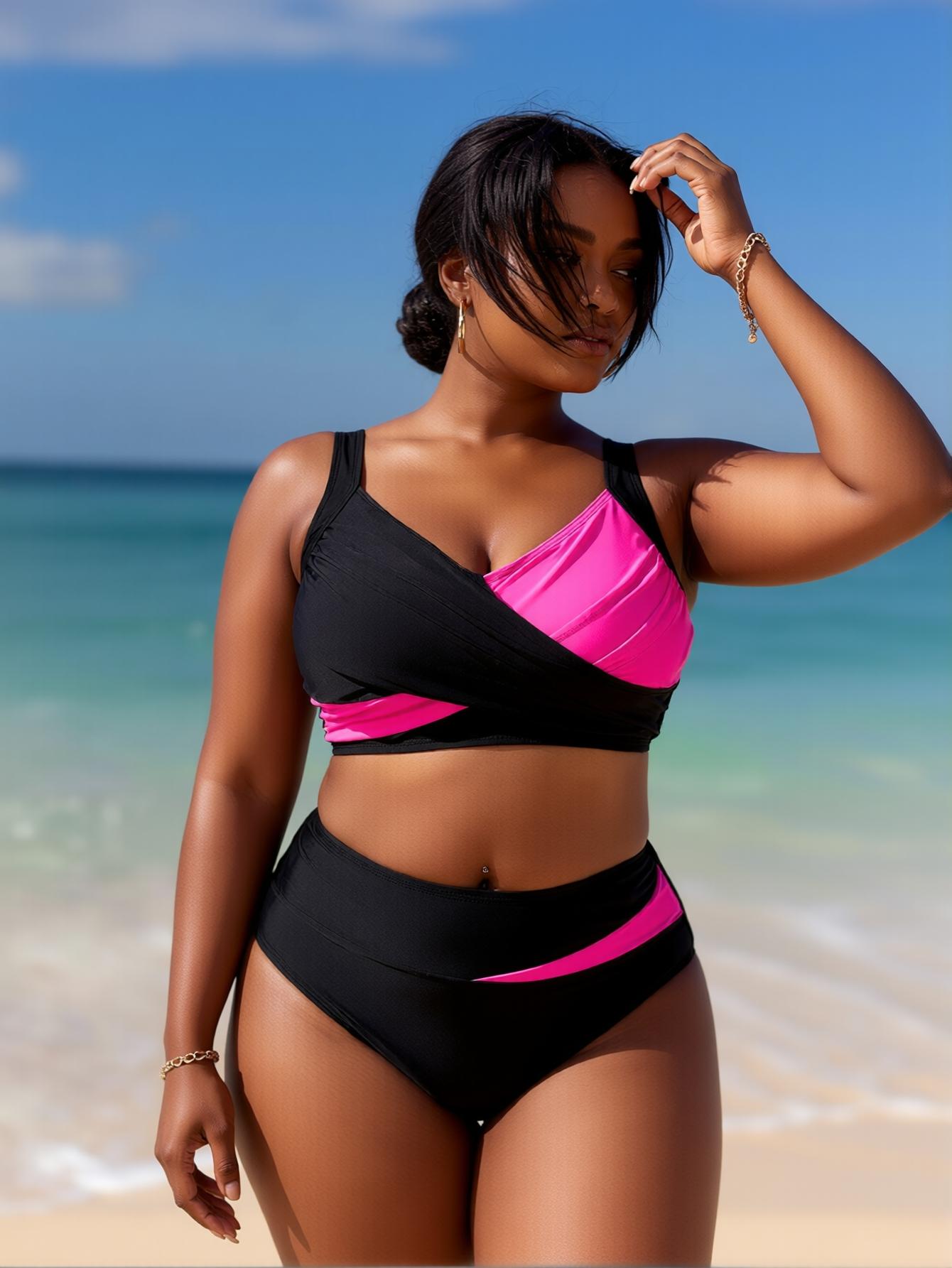 Casual Plus Size High Waist Two Piece Bikini Set Black Pink Color Block Tropical Style Beachwear