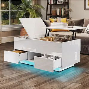 Lift Top Table with Drawers & LED Lights, High Gloss Coffee Table with Power Outlets, White
