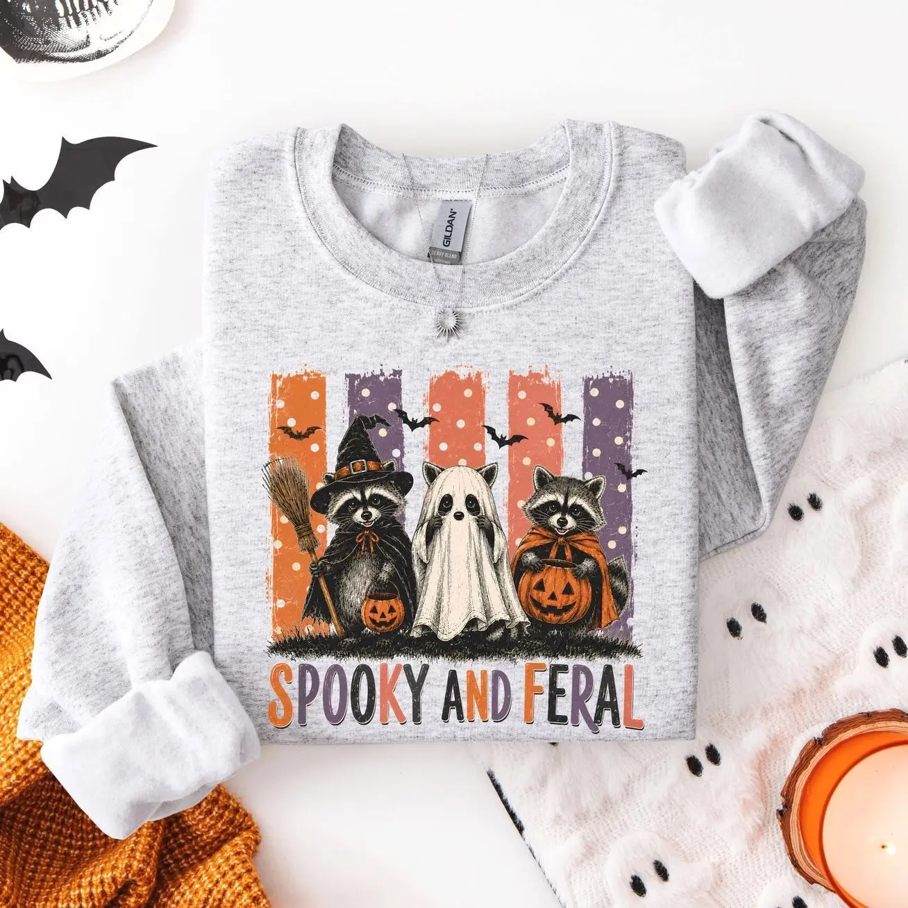Spooky And Feral Halloween Sweatshirt, Trick-Or-Treat Raccoon Witch Crewneck, Cute Animal Fall Sweater, Funny Spooky Season Outfit, Oversized Aesthetic Halloween Jumper, Cozy Witchy Graphic Sweatshirt, Cute Halloween Gift For Women & Men