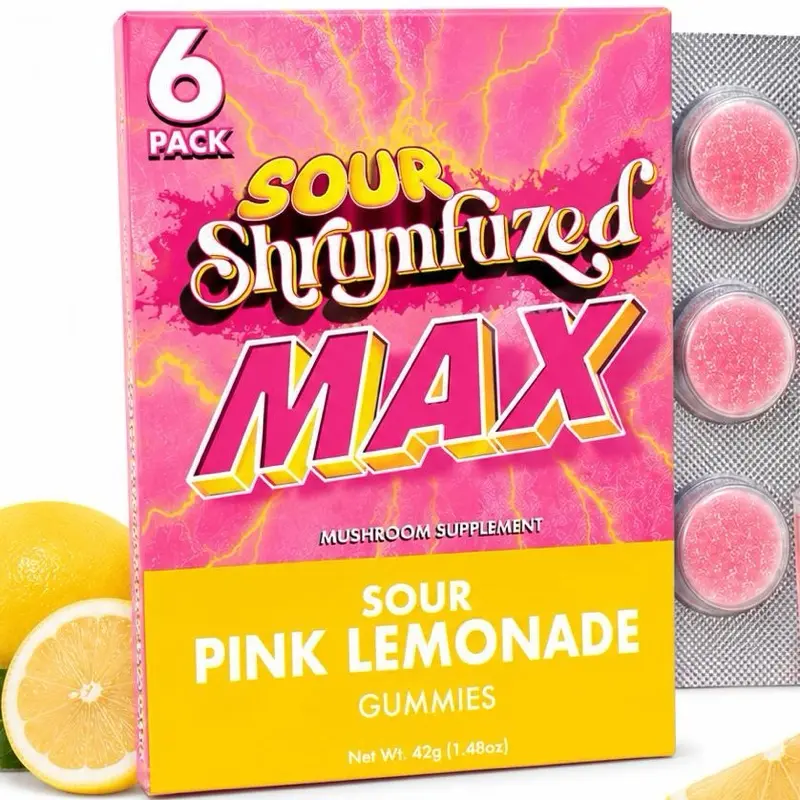 MAX Sour Pink Lemonade Fruit Gummies, 6 Count, High Potency Plant-Based Mushroom Gummies, Soft Chewy Gummies, 100% Organic Ingredients, High-Quality Formula, Freshness-Sealed, Secure Reusable Metal Tin, Travel-Friendly Packaging, Proudly Made in USA