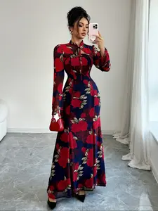 Fashion Elegant Floral Print Stand Collar Tie Waist Long Dress, Fitted Long Sleeve, Fall Season, Women's Clothing