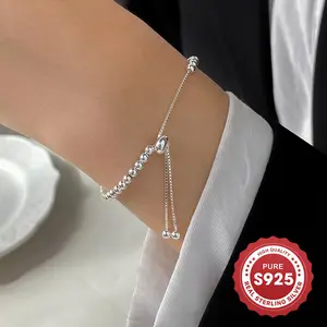 Elegant 925 Sterling Silver Round Bead Adjustable Bracelet, Suitable for Daily Wear, Hypoallergenic, Perfect Gift for Valentine's Day and All Seasons silver  925  💎 simple gift