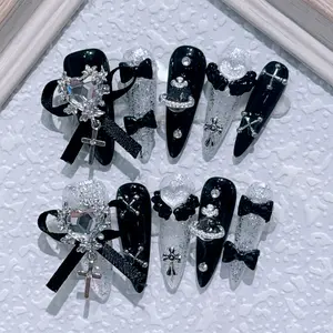 Press On Nails - Medium Almond Handmade Unique French Fake Nails, Thick Acrylic and Muti-Layer Gel False Nails, Reusable Gel Cured Sturdier Fake Nails