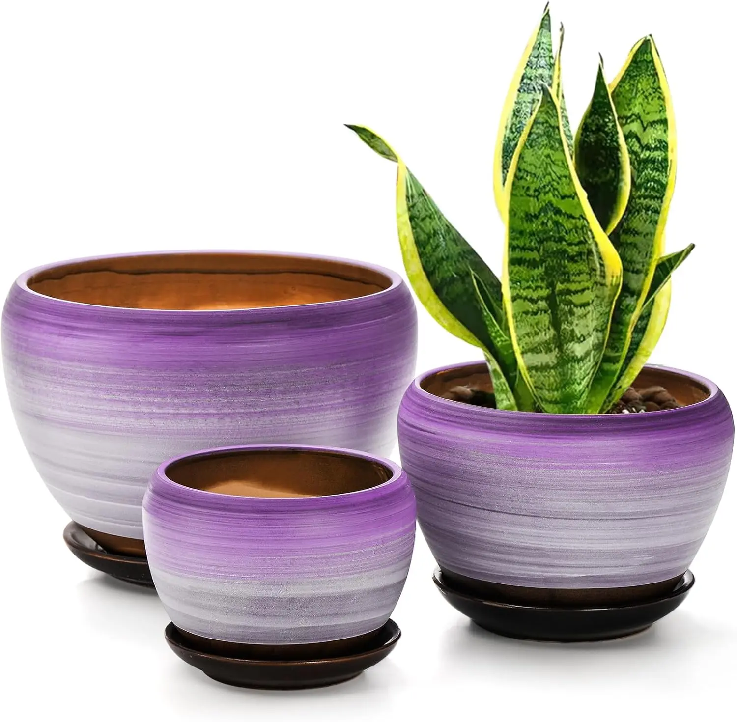 Set of 3 Ceramic Flower Pots Plant With Drainage Holes And Saucer, 7/5/4 inch Round Succulent Planter for Indoor Outdoor