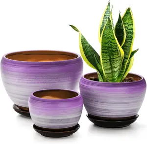 Set of 3 Ceramic Flower Pots Plant With Drainage Holes And Saucer, 7/5/4 inch Round Succulent Planter for Indoor Outdoor