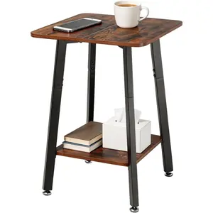 2-Tier Small Side Table for Living Room, End Table with Storage Shelf,  & Metal Bedside Table Nightstand for Small Spaces, Sturdy Sofa Side Table for Bedroom, Rustic Brown