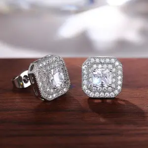 11mm Square Zirconia Stud Earrings, Light Luxury Classic Style, Elegant Women'S Earrings