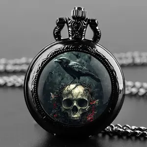 Moon Skull Crow Pocket Watch Necklace | Gothic Style Quartz Pendant Watch